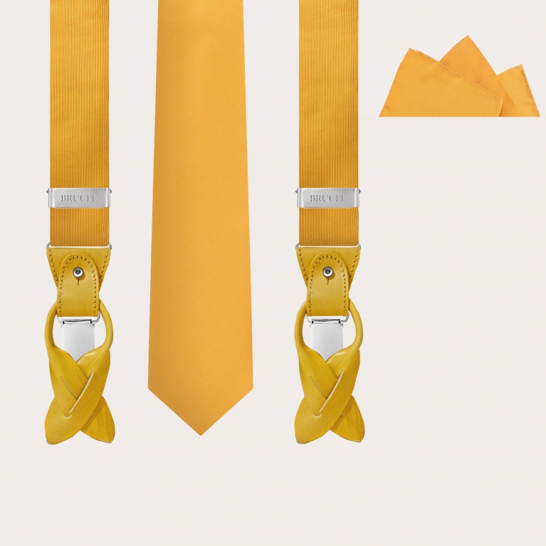 Elegantes Set aus Hosenträgern, Krawatte und Einstecktuch aus Seide, gelb