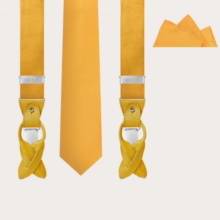Elegant set of suspenders, necktie and pocket square in silk, yellow