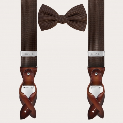 Elegant set of suspenders and bow tie in silk, brown