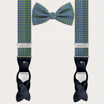 Elegant set of suspenders and bow tie in silk, green and blue pattern