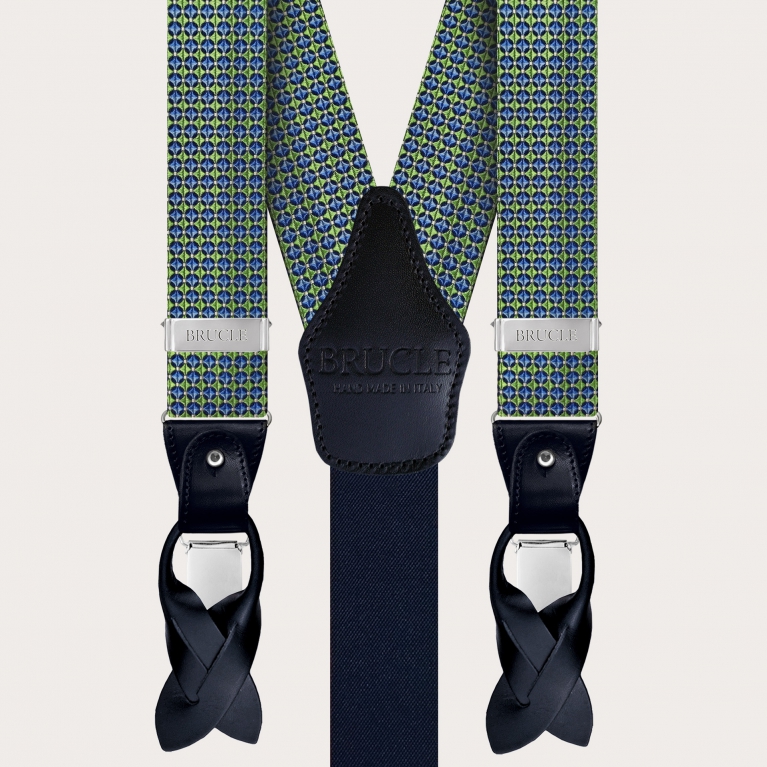 Elegant set of suspenders and bow tie in silk, green and blue pattern