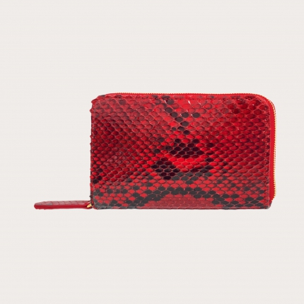 Portefeuille femme compact en cuir de python, rouge brillant