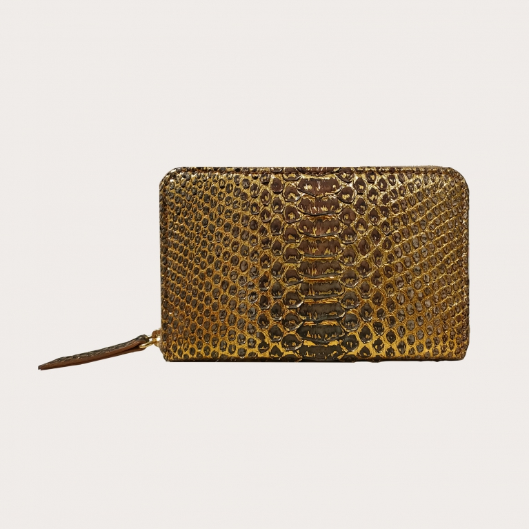 Women's compact wallet in python, hand-painted gold