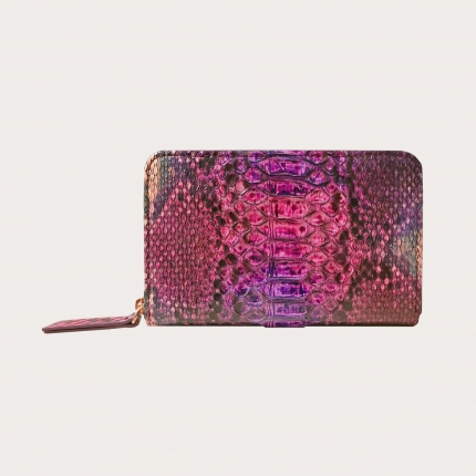 Women's compact wallet in python, hand painted fuchsia and purple