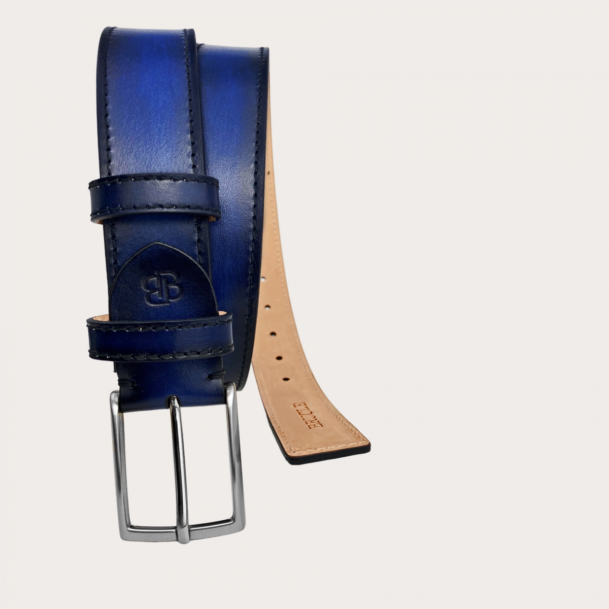 Genuine handbuffered leather belt, blue shaded black
