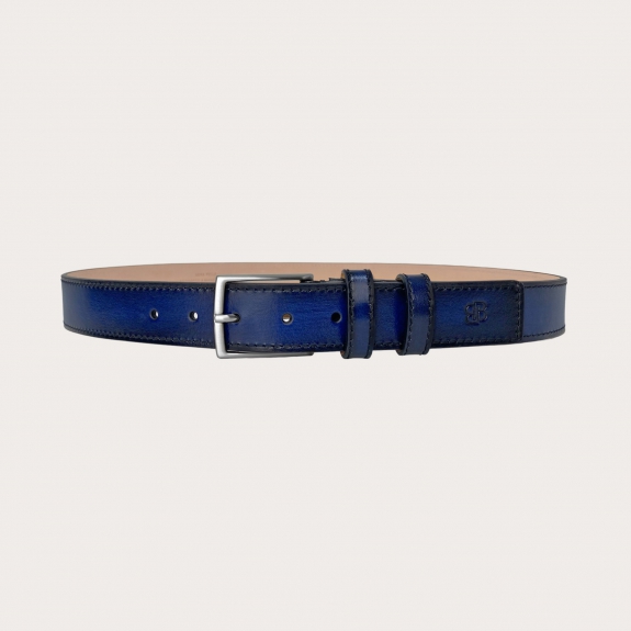 Ceinture bleu et noire en cuir tamponné à la main, sans nickel