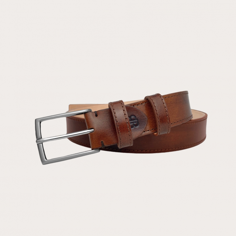 Genuine handbuffered leather belt, brown cognac