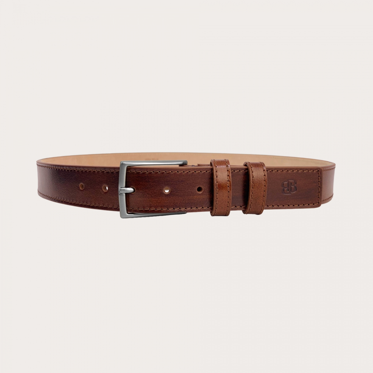 Genuine handbuffered leather belt, brown cognac