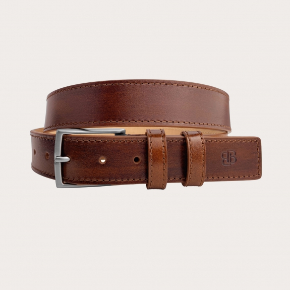 Genuine handbuffered leather belt, brown cognac