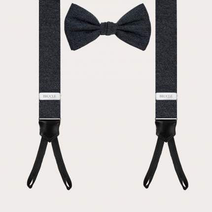 Fine men's set of thin suspenders with buttonholes and bow tie, grey melange