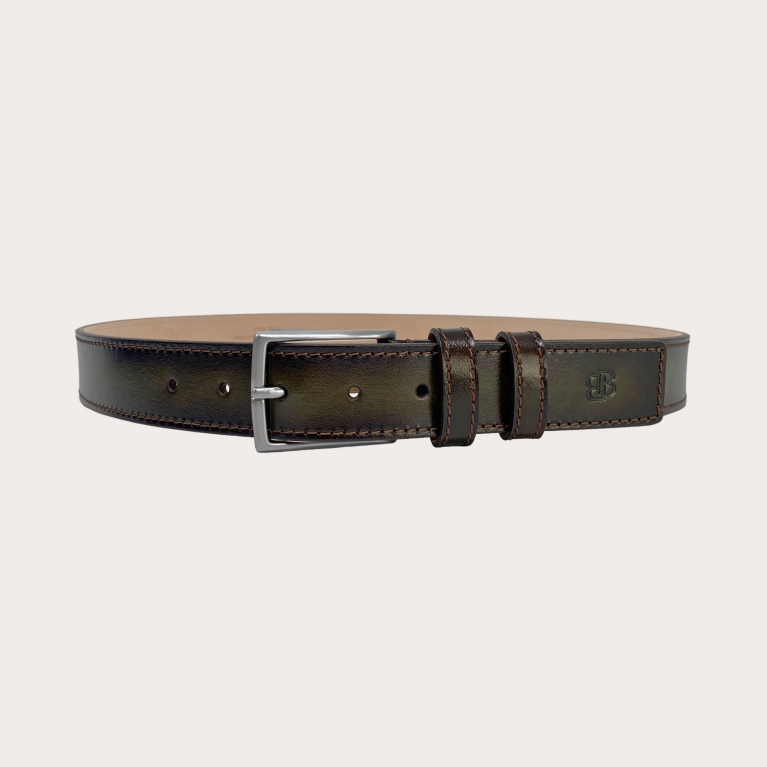 Genuine handbuffered leather belt, green shaded dark brown