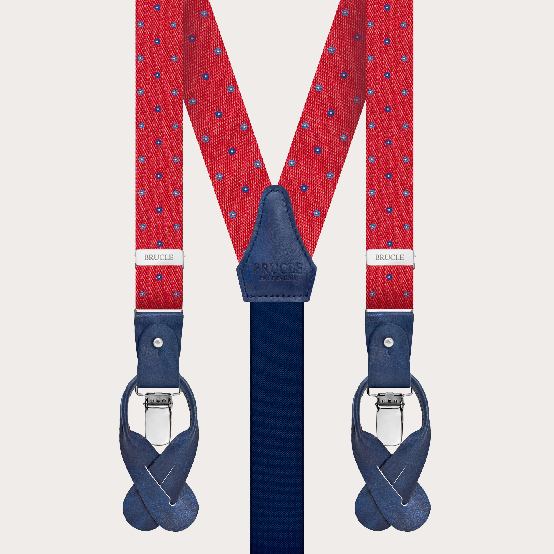 BRUCLE Double use silk suspenders, red floral pattern