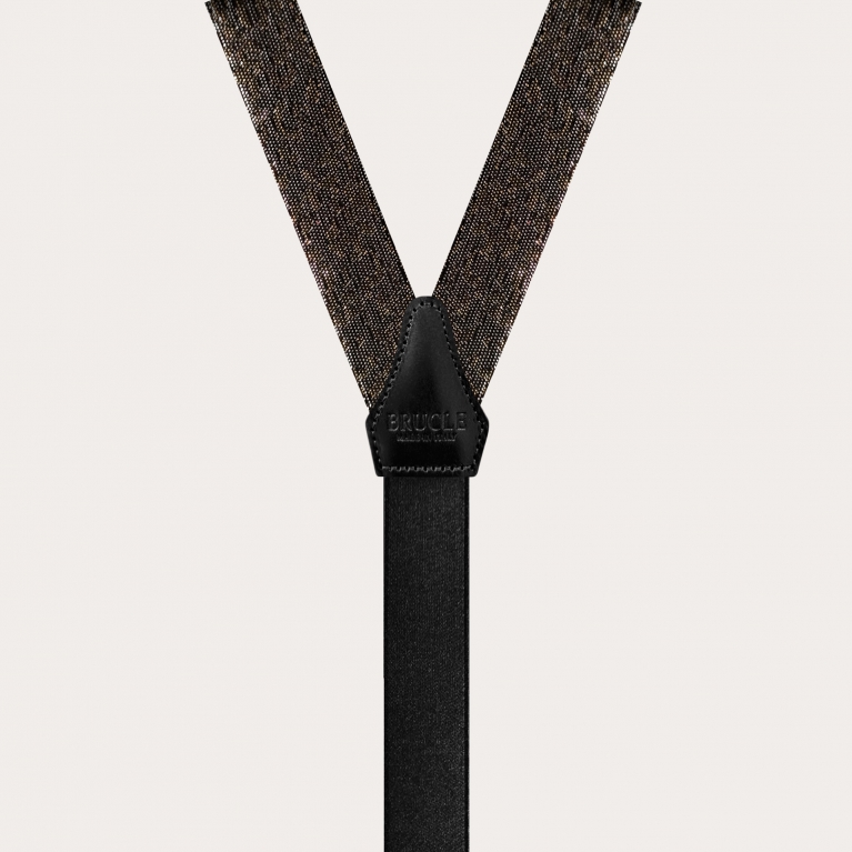 Thin evening suspenders in jacquard silk, black with gold and silver threads