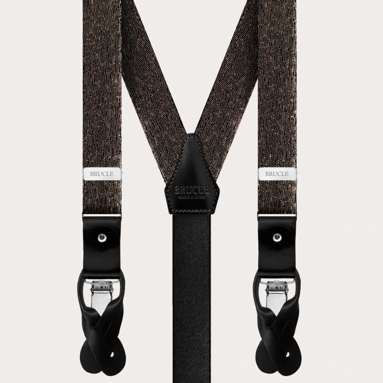 Thin evening suspenders in jacquard silk, black with gold and silver threads
