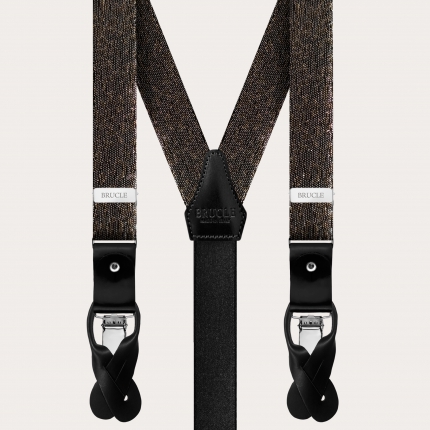 Thin evening suspenders in jacquard silk, black with gold and silver threads