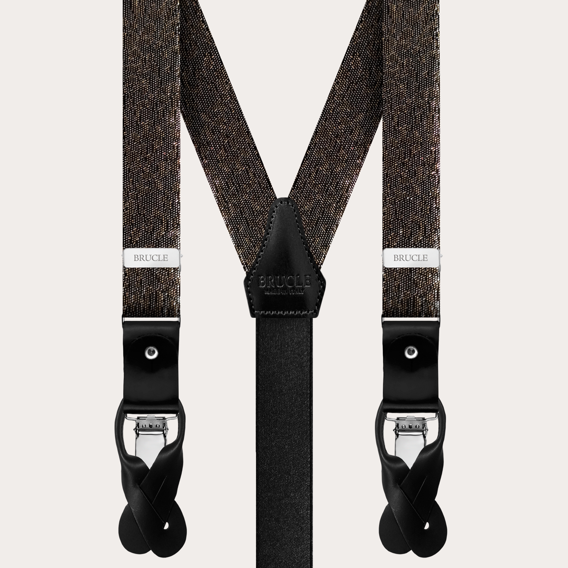 BRUCLE Thin evening suspenders in jacquard silk, black with gold and silver threads