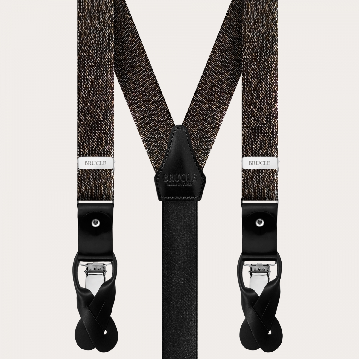 BRUCLE Dünne Abend-Hosenträger aus Jacquard-Seide, schwarz mit Gold- und Silberfäden