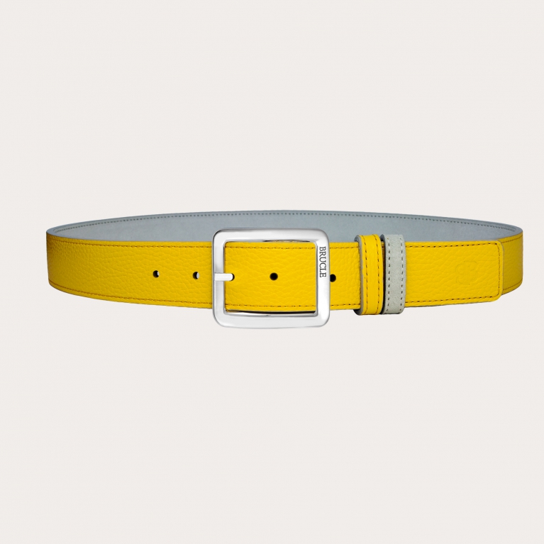 Reversible belt in ash grey suede and yellow tumbled leather