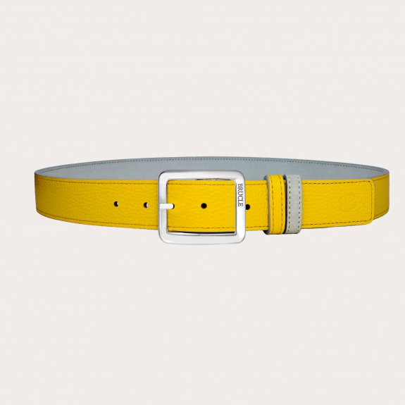 Ceinture réversible en daim gris cendré et cuir martelé jaune