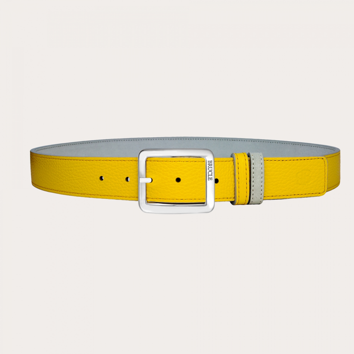 Ceinture réversible en daim gris cendré et cuir martelé jaune
