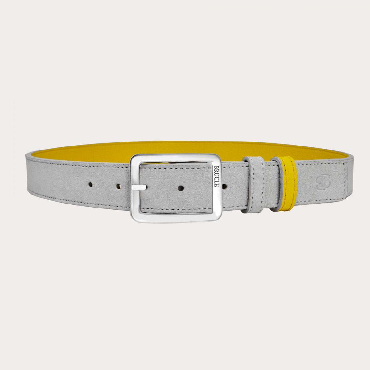 Cinturón reversible en ante gris ceniza y piel abatanada amarillo