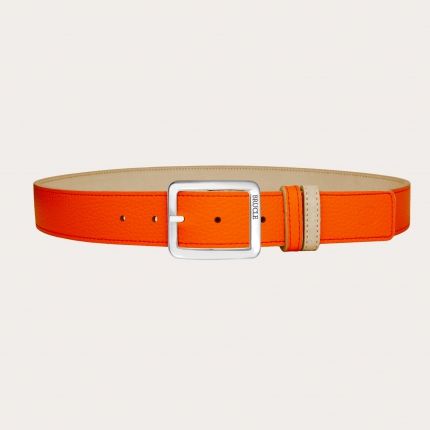 Cintura reversibile scamosciata beige e pelle arancio