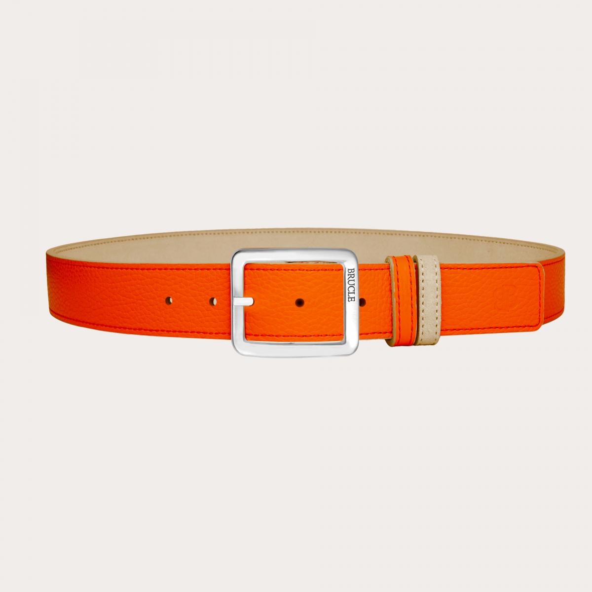 Cinturón reversible en ante beige y piel abatanada naranja