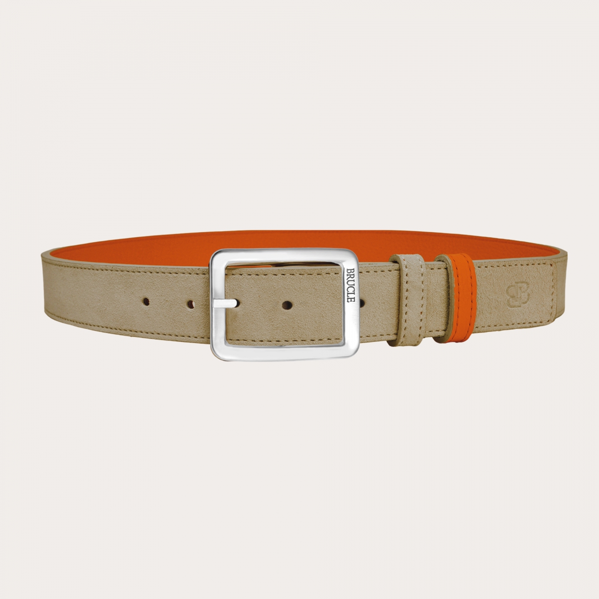 Reversible belt in beige suede and orange tumbled leather