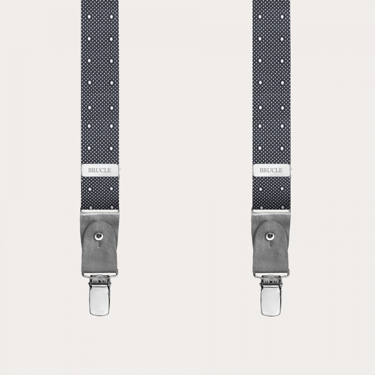BRUCLE Thin suspenders in grey polka dot jacquard silk with hand-colored leather parts