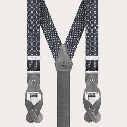 Thin suspenders in grey polka dot jacquard silk with hand-colored leather parts