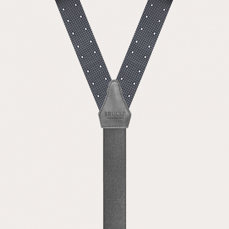 Dünne Hosenträger aus Jacquard-Seide mit grauen Punkten und handkolorierten Lederteilen