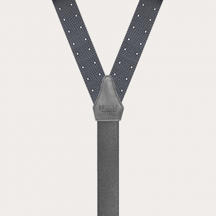 Thin suspenders in grey polka dot jacquard silk with hand-colored leather parts