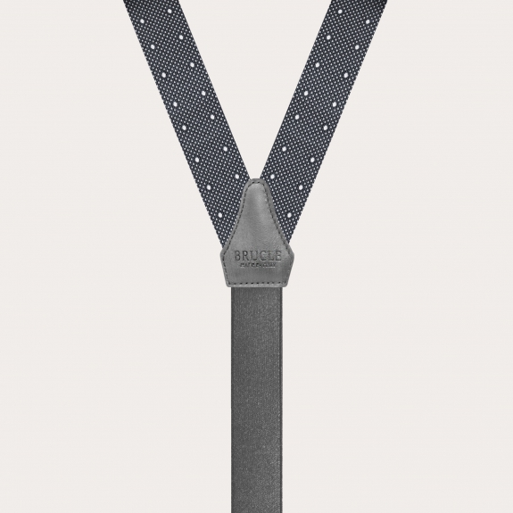 BRUCLE Dünne Hosenträger aus Jacquard-Seide mit grauen Punkten und handkolorierten Lederteilen