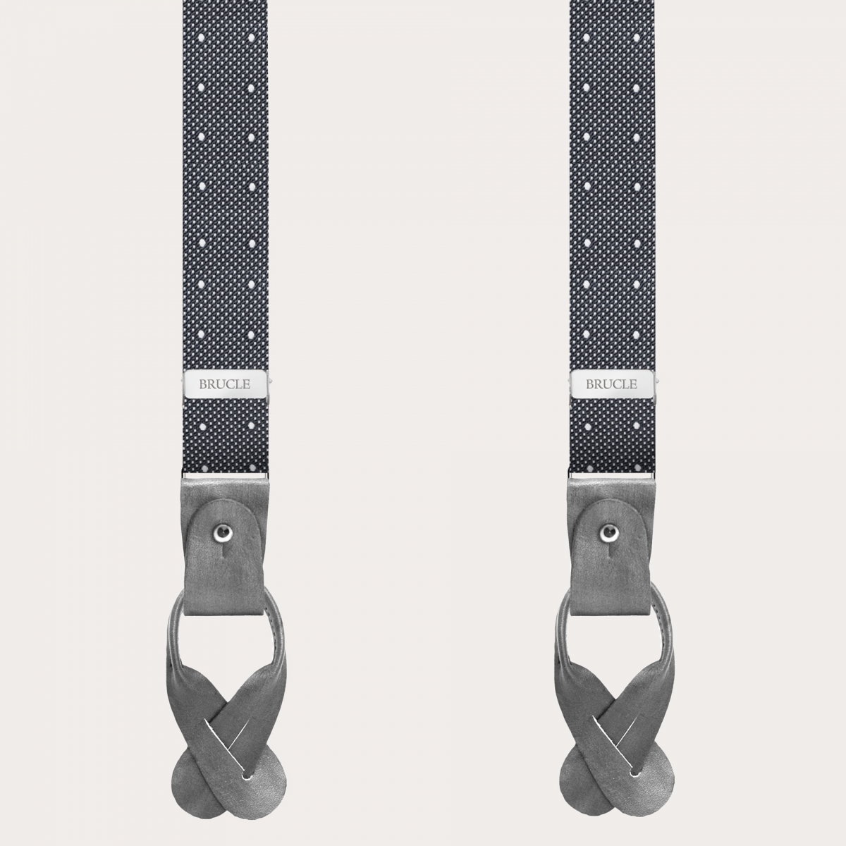 BRUCLE Dünne Hosenträger aus Jacquard-Seide mit grauen Punkten und handkolorierten Lederteilen
