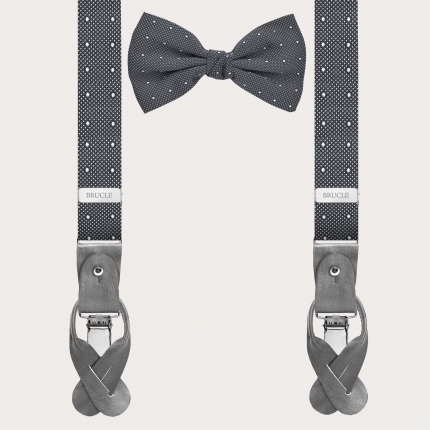 Thin suspenders and bow tie set in grey dotted silk