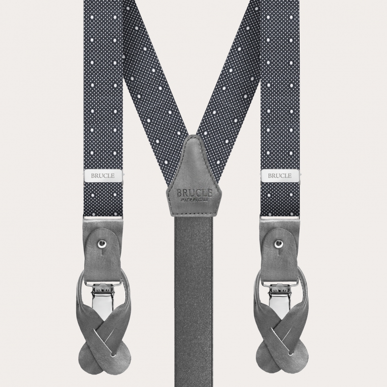 Thin suspenders and bow tie set in grey dotted silk