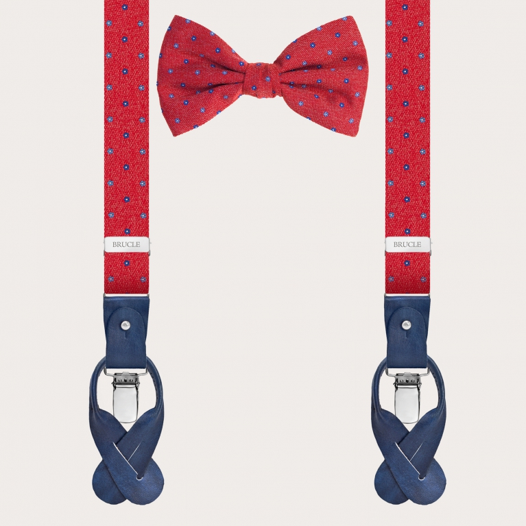 Set of suspenders and bow tie in red floral jacquard silk