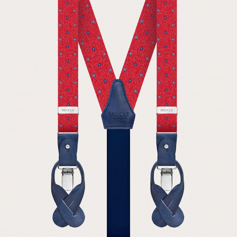 Set of suspenders and bow tie in red floral jacquard silk