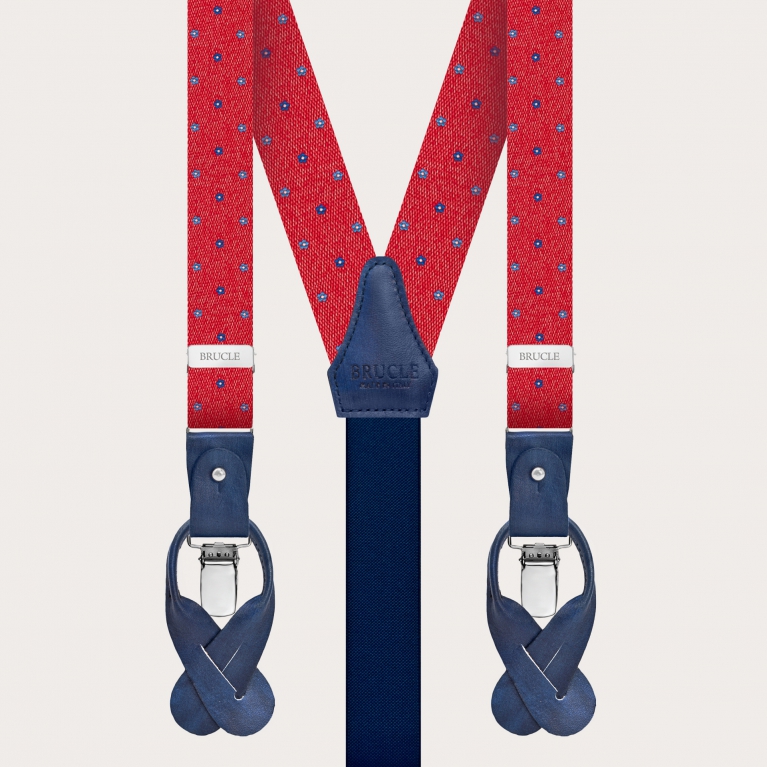 Set of suspenders and bow tie in red floral jacquard silk