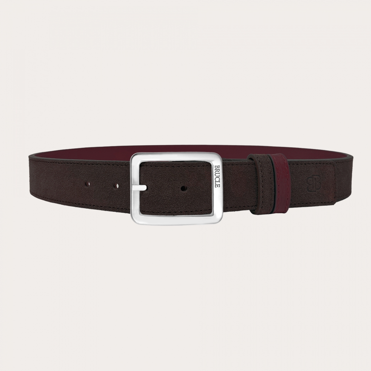 Reversible belt in dark brown suede and burgundy tumbled leather