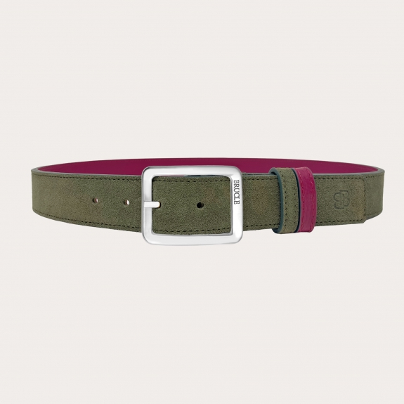 Reversible belt in green suede and dark magenta tumbled leather