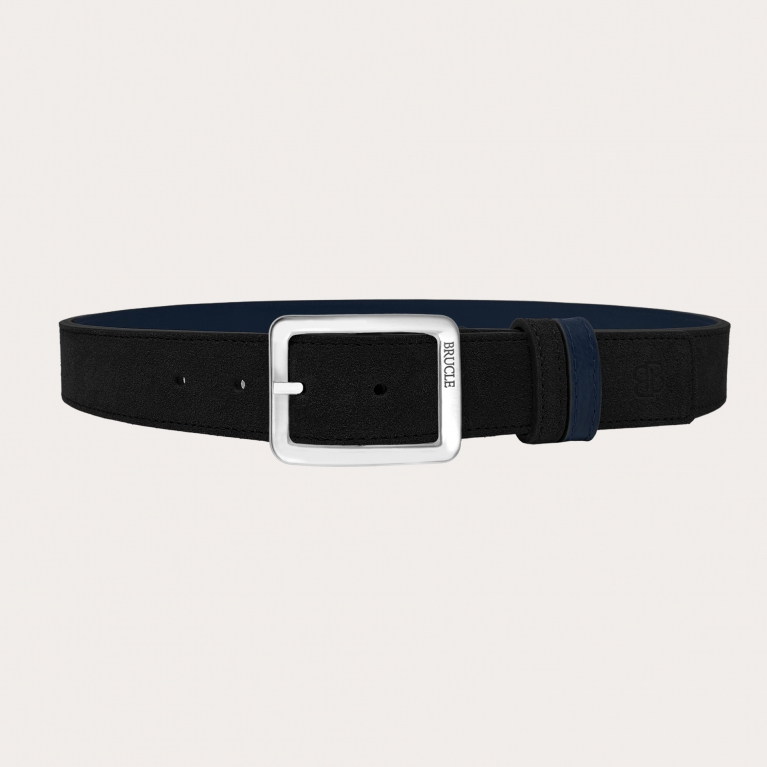 Cintura reversibile scamosciata nera e pelle blue navy