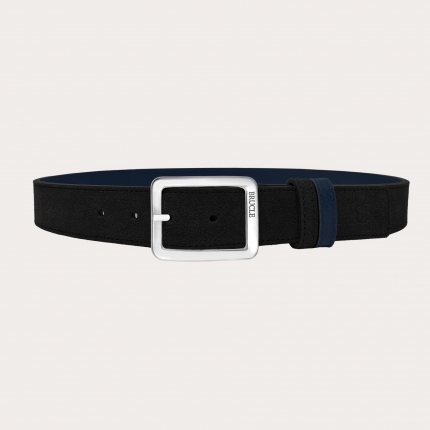 Cinturón reversible en ante negro y piel abatanada azul