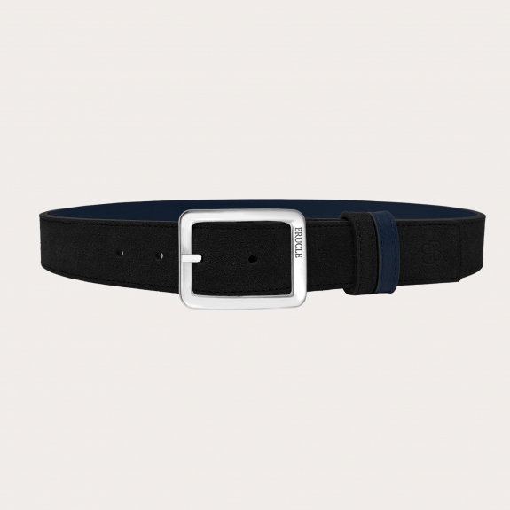 Reversible belt in black suede and blue tumbled leather