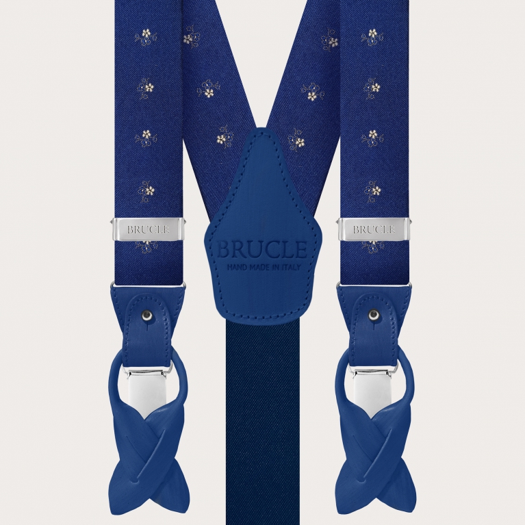 Elegant bluette silk suspenders with floral embroidery