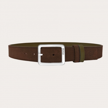 Reversible belt in brown suede and kaky green tumbled leather