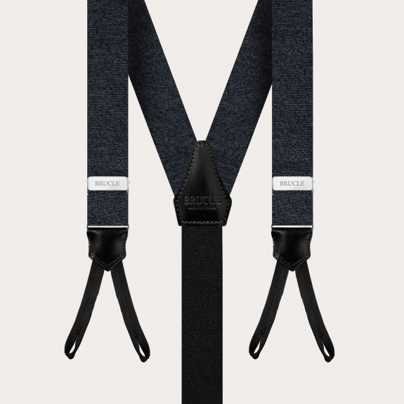 BRUCLE Melange grey set of thin suspenders with buttonholes, pochette and bow tie