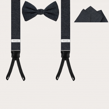 Melange grey set of thin suspenders with buttonholes, pochette and bow tie