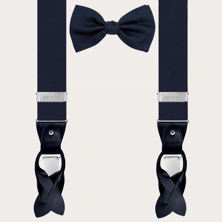 Set bretelle e papillon in seta jacquard blu navy