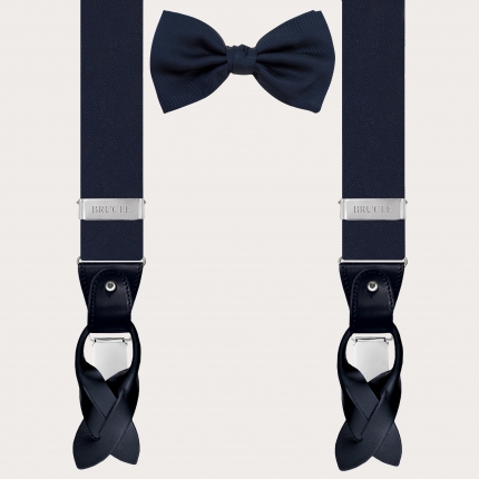 Navy blue jacquard silk suspenders and bow tie set